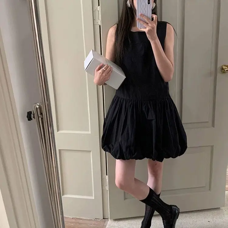 レディース シンプル 無地 韓国ファッション 2025 夏 ノースリーブ ラウンドネック ゆったり スリム ワンピース