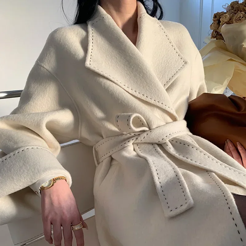 

Fashion Women Double-sided Woolen Coat Big Lapel Belt Single Loose Button Arched Needle Warm Coats Jacket Autumn Winter 2024