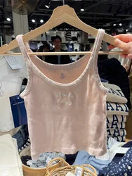 Crab Embroidery Ribbed Slim Crop Top For Woman Sleeveless Cotton Cropped Vest Summer Sweet Cute Pink Tank Tops Y2k Clothes