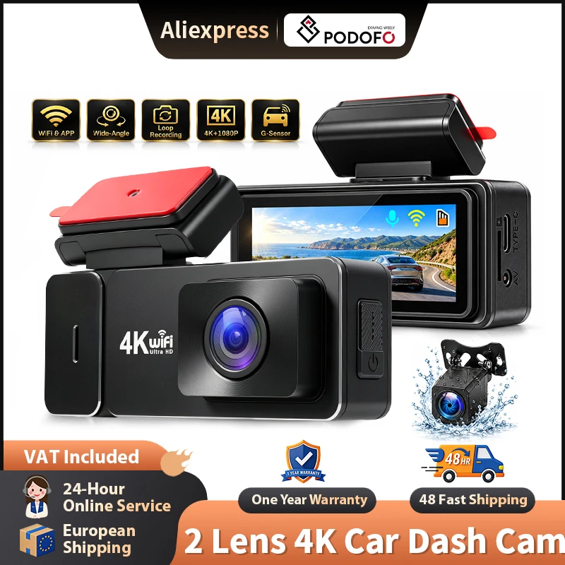 Telecamera per auto Podofo, videoregistratore per cruscotto con telecamera anteriore 4K e telecamera posteriore 1080P, monitoraggio parcheggio 24 ore, scatola nera, supporto connessione WIFI, visione