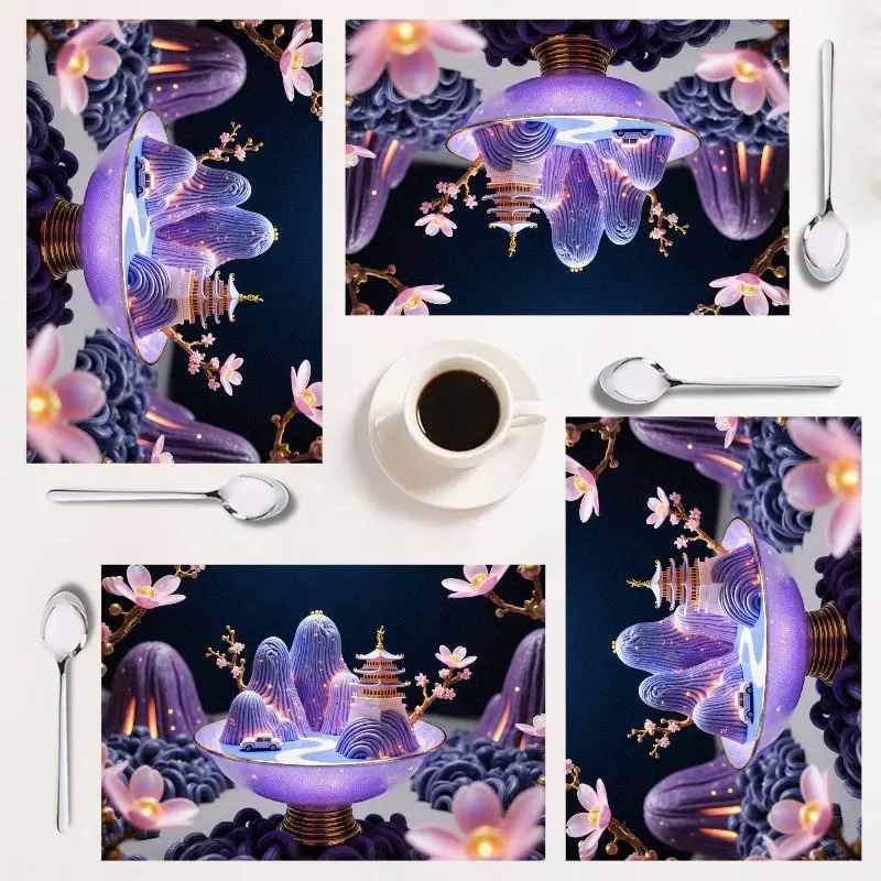 

4-piece placemat set, vibrant landscape design, rectangle, versatile for dining and holidays, easy clean, 12×18 inches.