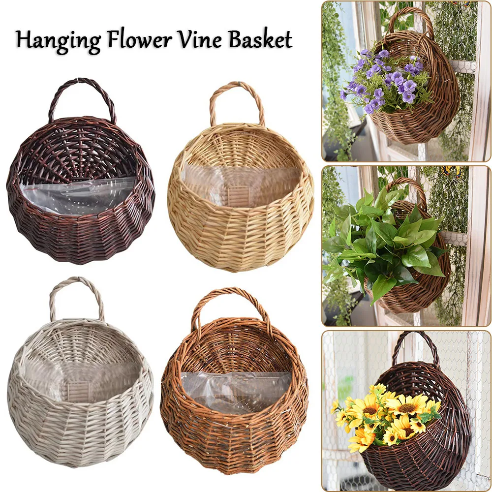 4Color Wall Mount Rattan Basket Handmade Wicker Flower Pot Hanging Woven Vase Baskets For Garden Balcony Country Home Decoration