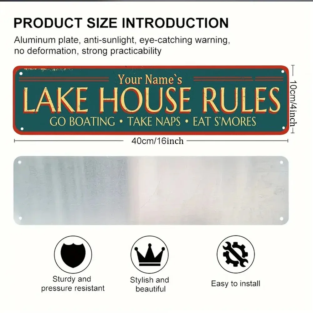 CIFbuy Customizable Vacation Cabin Metal Plaque,Personalized 2D Flat Retro Distressed Lake House Rules Home Wall Ornament (Decor