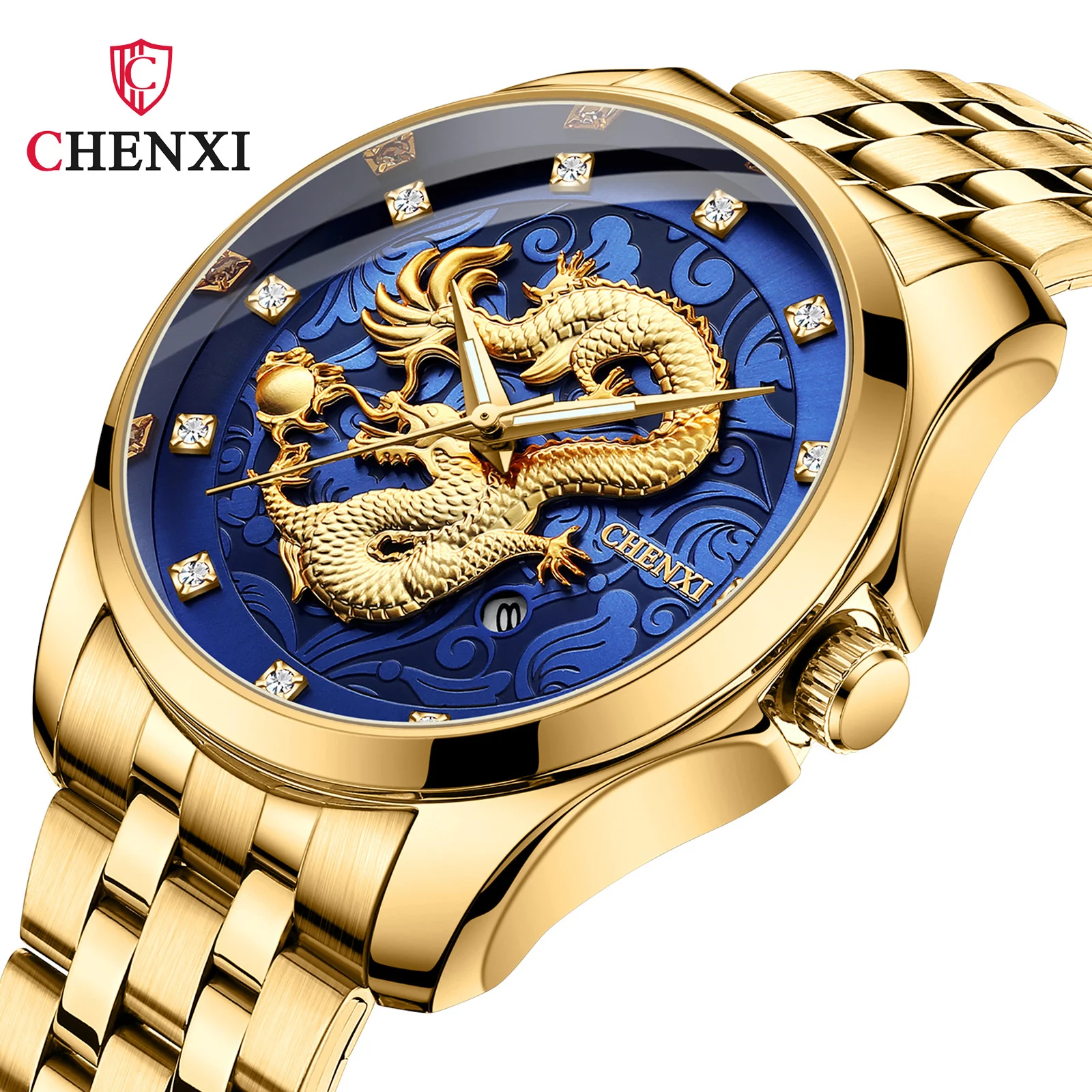 Fashion Chenxi Top Brand 8220 Dragon Totem Embossed Calendar Waterproof Men's Chinese Style Full Stainless Steel Wrist Watches