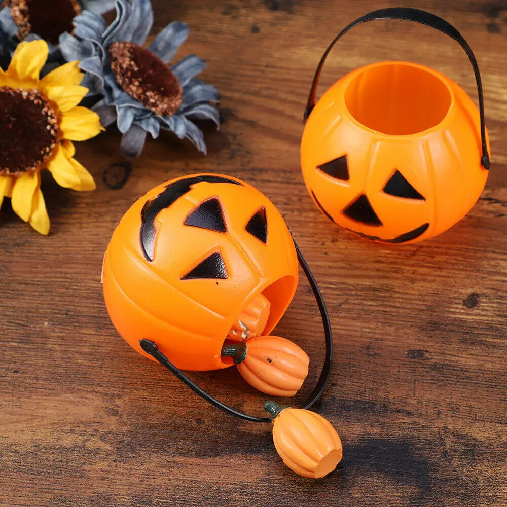 Mini Halloween Pumpkin Bucket Plastic Candy Pot Cauldron Holder Jar Trick Or Treat Props Kids Toy Home Halloween Party Decors