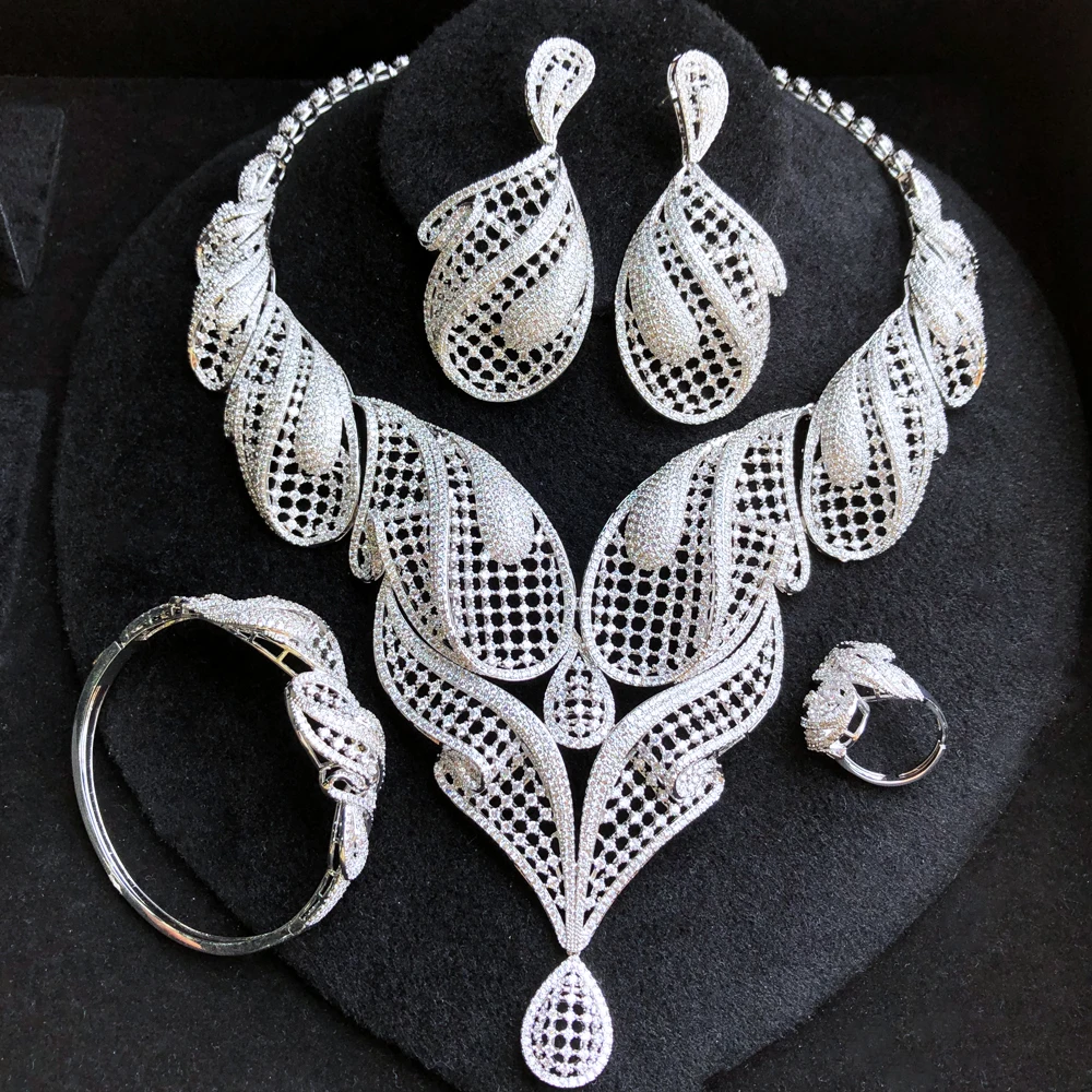 Trendy New 4PCS Big Fashion Luxury Leaf Jewelry Sets african For Women Wedding African Cubic Zircon CZ Dubai Bridal Jewelry 2022