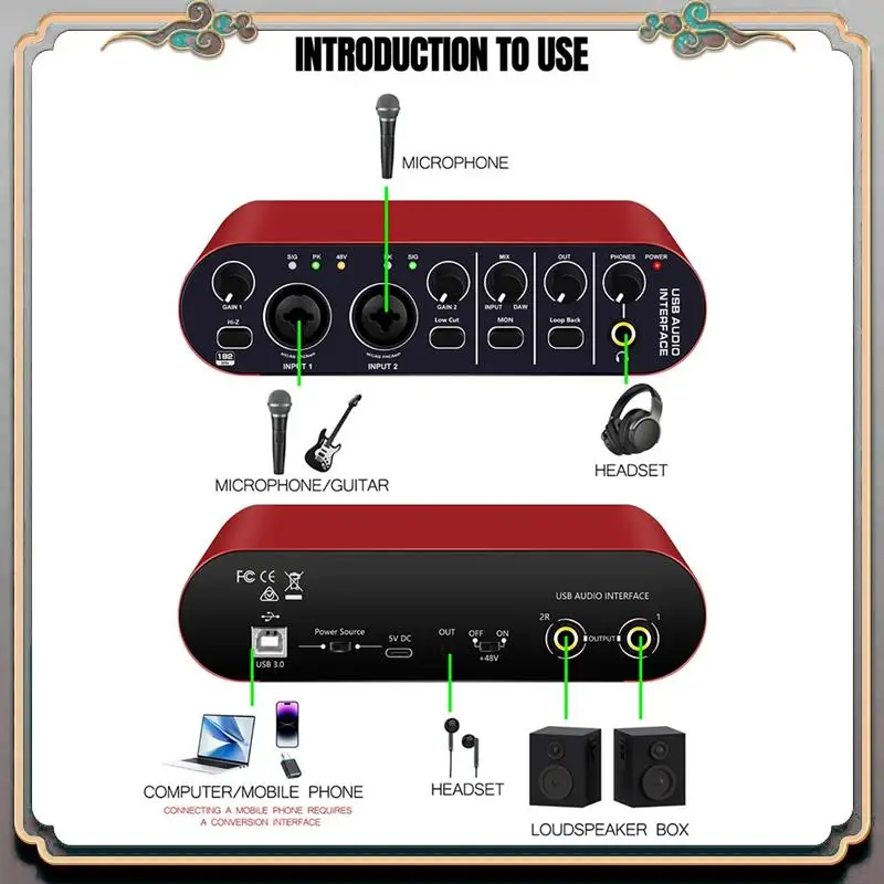 

Durable Professional 24Bit 192Khz Audio Interface 2 Input Sound Card For Electric Guitar External Studio PC Recording Tuner