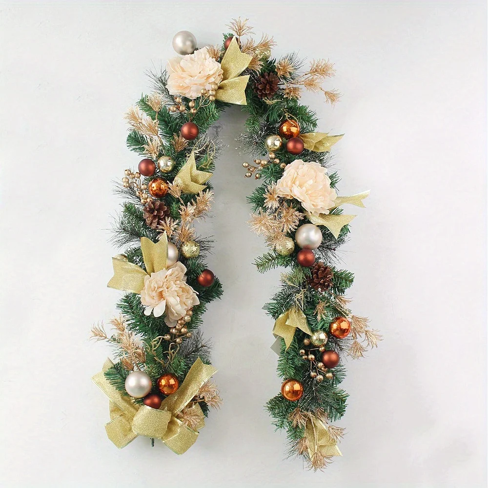 6-Foot Wreath With Lights, Artificial Decorations, Champagne, Pine Cones, Ribbons, Indoor And Outdoor Christmas Snow (Gold)