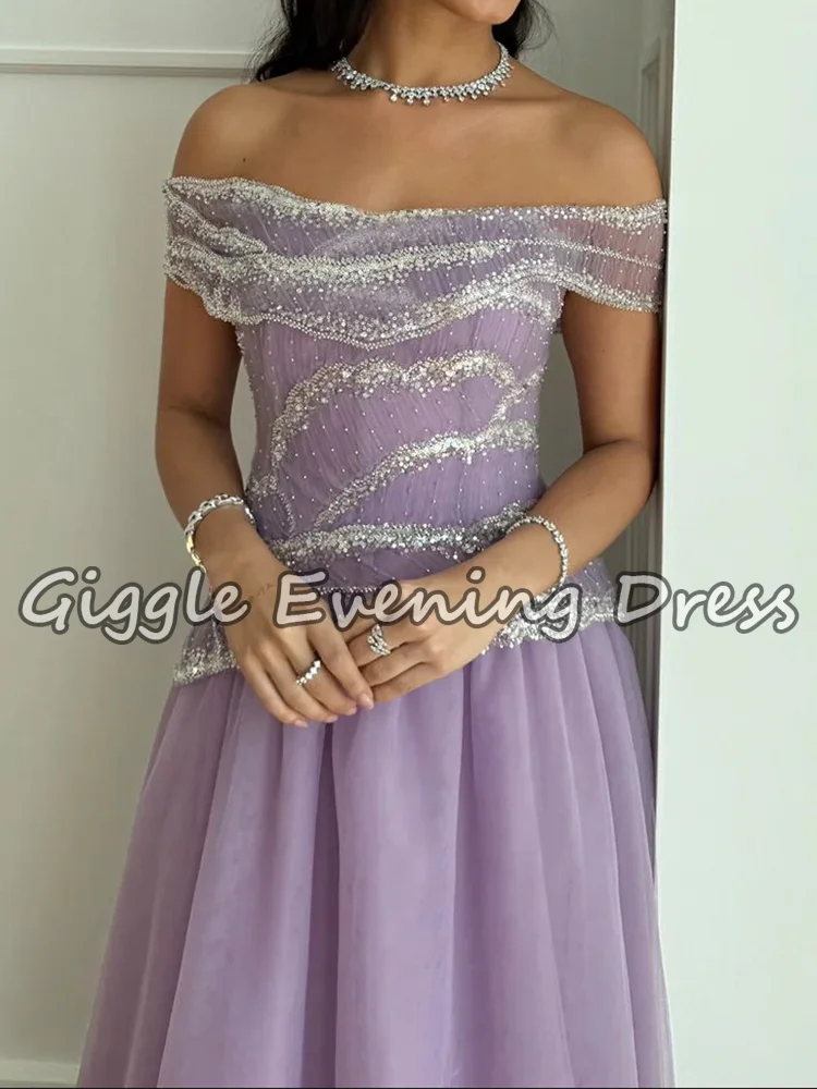 Luxury Off-Shoulder Lavender Evening Dress Beaded Top A-Line Tulle Gown Modest Formal Saudi Prom Party Occasions Customized