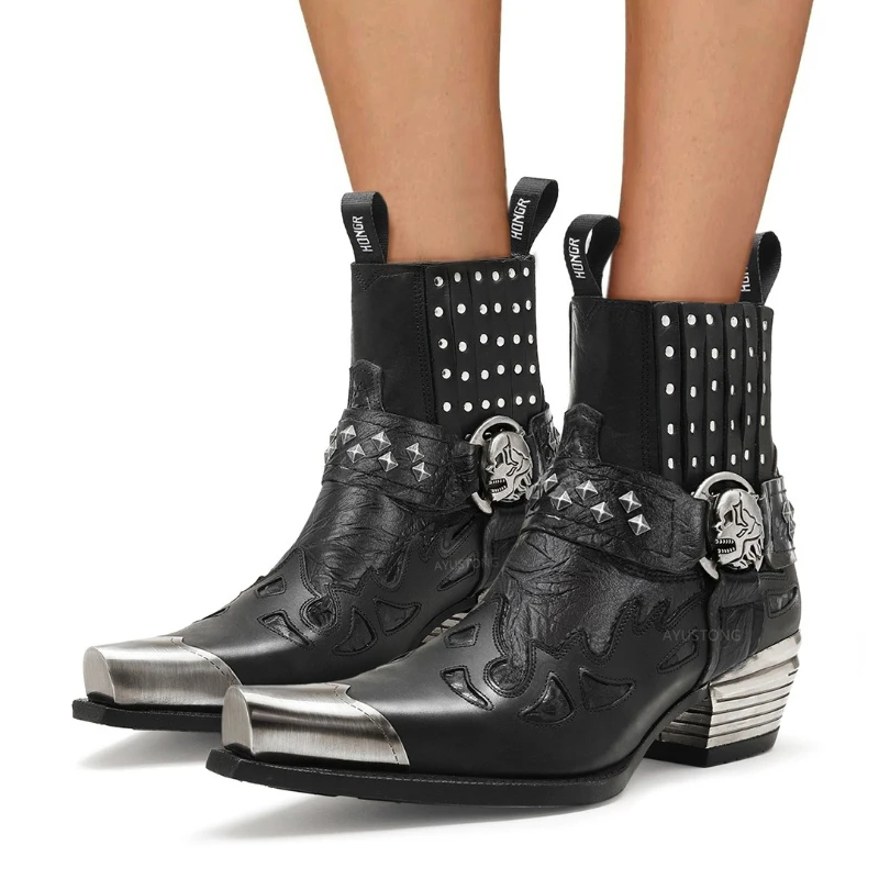 Punk Style Pointed-toe Chelsea Boots Genuine Leather Retro Metal Design Ankle Boots Women Height-increasing Cowboy Boots
