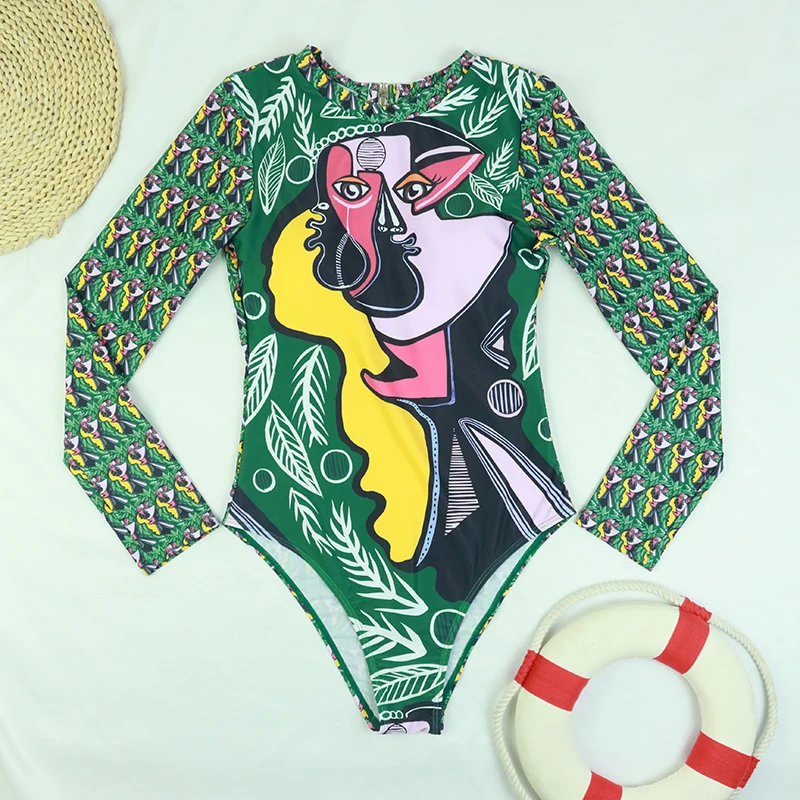 Sexy Rash Guard Women Swimsuit 2024 One Piece Long Sleeve Bodysuit Zip Front Bathing Suit Leaf Print Beachwear Surf Monokini