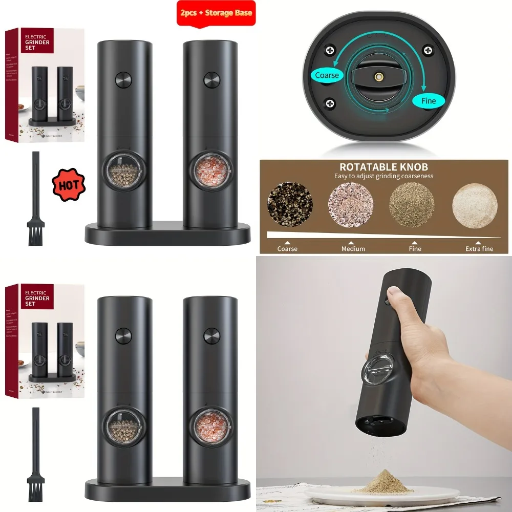 2pc Automatic Electric Pepper Grinder & Salt Mill Set with Base, Adjustable Coarseness, Black (C009)