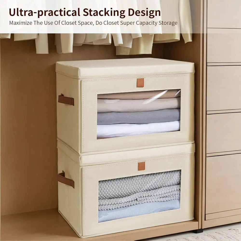 عبوتان من صناديق تخزين القماش القابلة للطي مع أغطية ونافذة، بيج، للملابس والتنظيم المنزلي