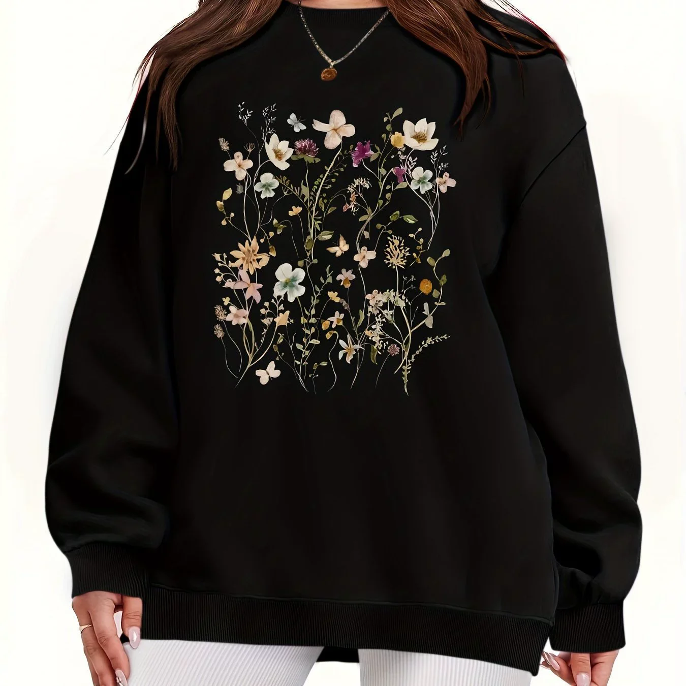 بلوفر من النوع الثقيل برقبة دائرية صغيرة مزهّرة للخريف والشتاء، قميص رياضي كاجوال بأكمام طويلة