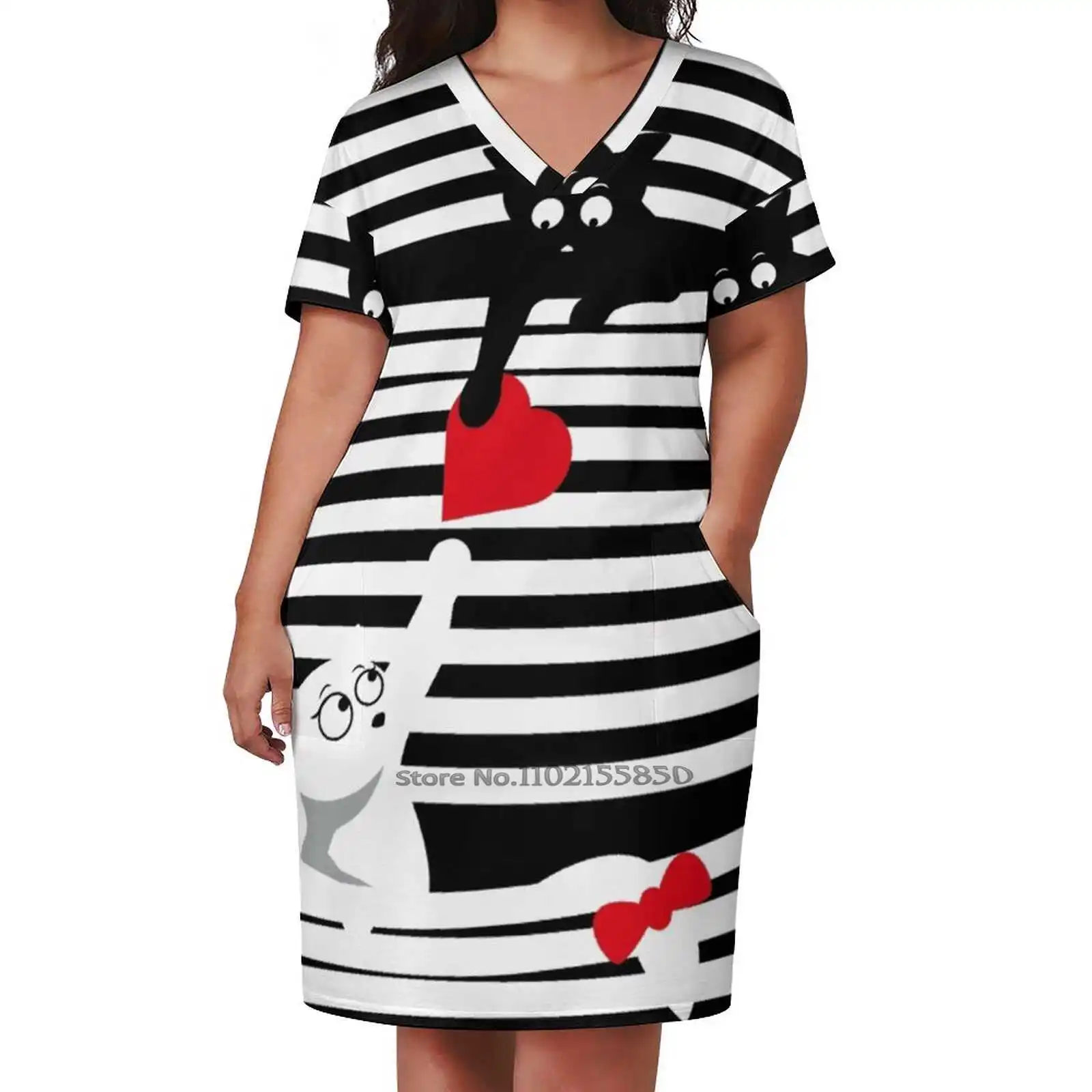 Cats Spreading Love Loose Pocket Dress Summer Sexy V Neck Dress Print Short Sleeve Dress Cat Black White Pet Lover Kitten