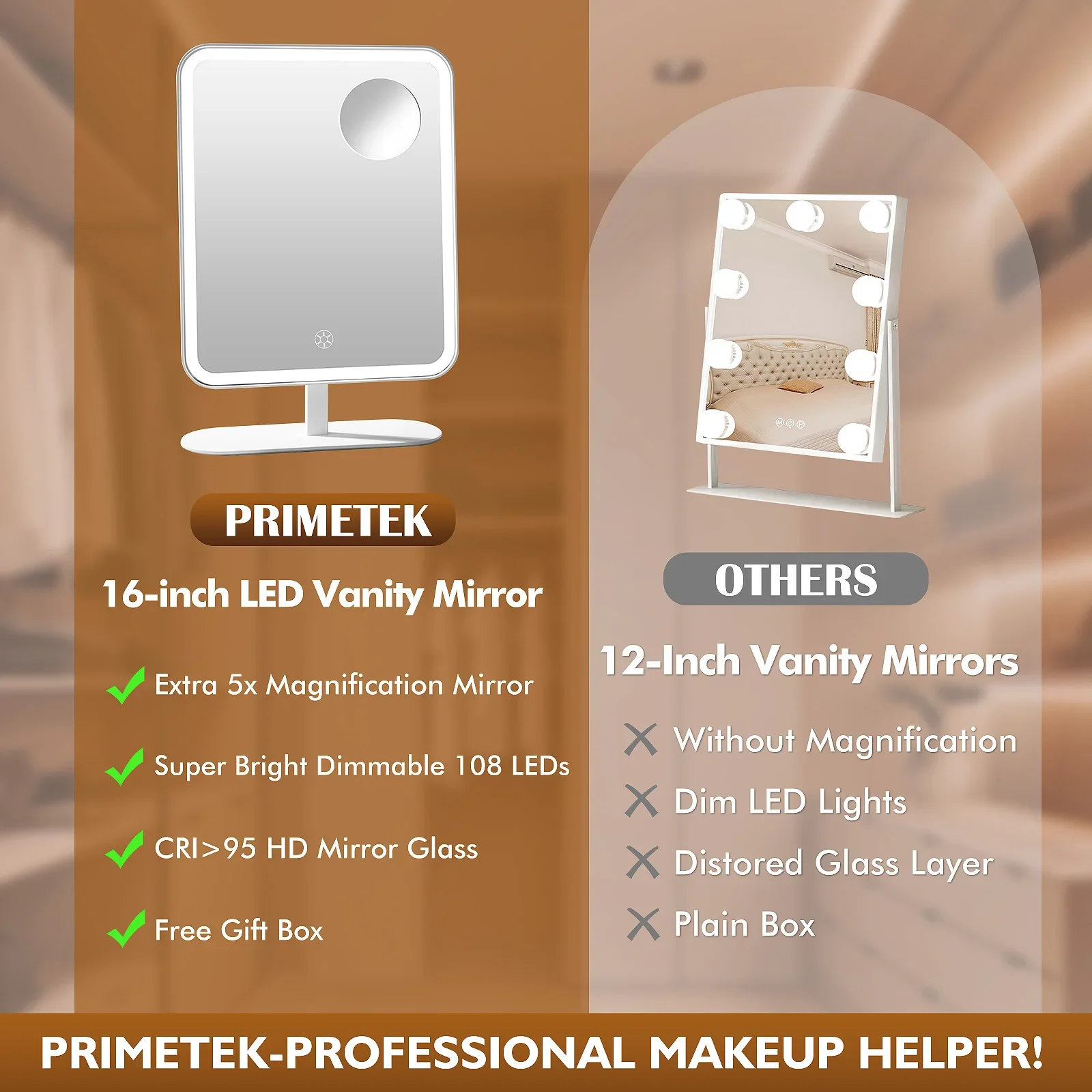 Portable LED Makeup Mirror 5X Magnification, Touch Control, Rechargeable, Dimmable Light 120° Adjustable Stand, HD Vanity Mirror