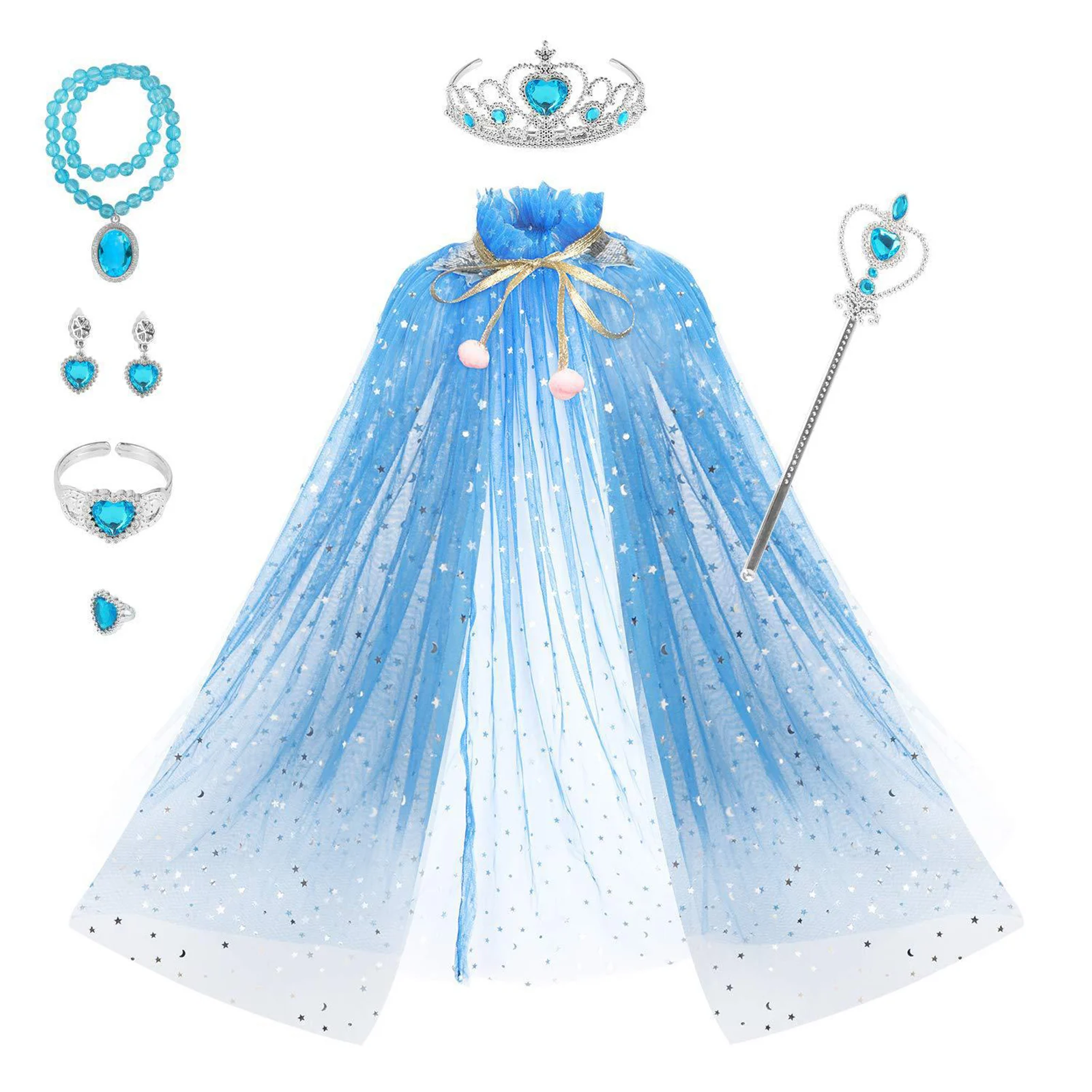 Girl Sequin Drawstring Cloak Elsa Dress up Princess Accessories Aurora Cape Crown Magic Wand Necklace Glove Set Cosplay Mantle