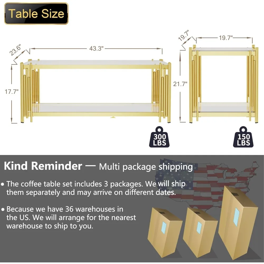 Zestaw 3 złotych szklanych stolików kawowych, stolik pomocniczy, nowoczesny zestaw stolików do salonu, prostokątny, przezroczysty, ze szkła hartowanego, luksusowy, ze stali nierdzewnej.