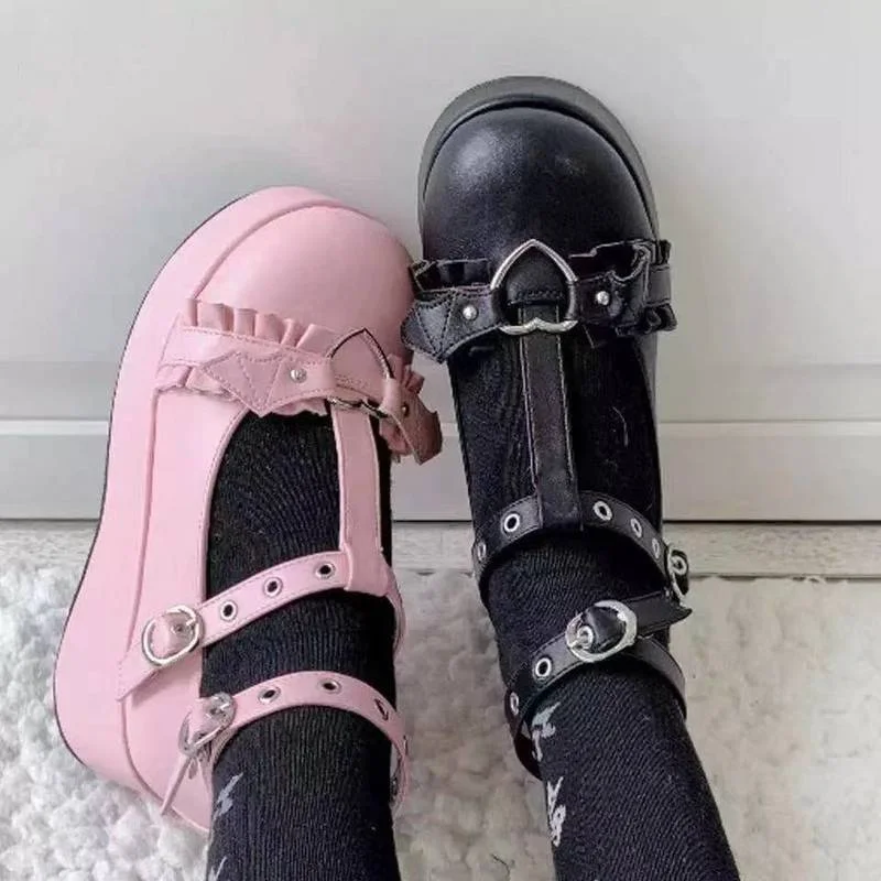 2022 słodka klamerka w kształcie serca kliny Mary Janes kobiety różowy t-strap Chunky platforma Lolita buty kobieta Punk Gothic Cosplay Plus rozmiar