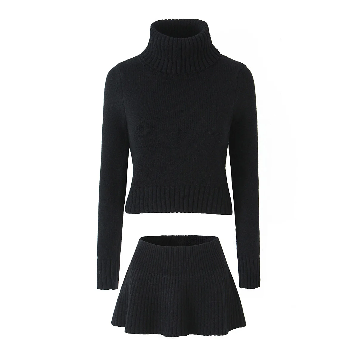 2023 Autumn Retro High Collar Full Sleeve Crop Turtleneck Sweater Pullovers Knitted Ruched Hem Low Waist Skirt 2 pieces 1 set