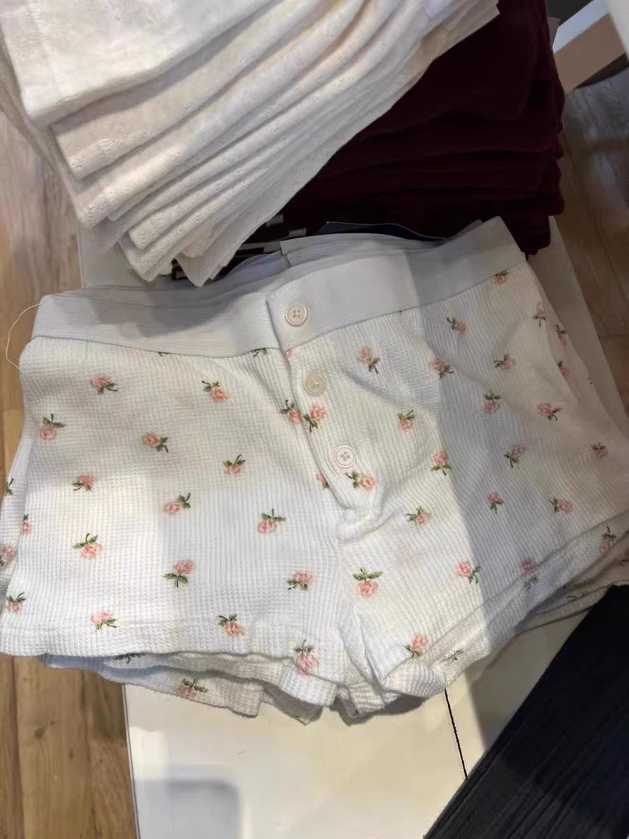 Short Gaufré à Imprimé Floral pour Femme, Taille Haute artificiel astique, Trois lèvent, Pantalon Court Droit, Mode Décontractée, Doux, Mignon, Sous-Vêtements pour la Maison