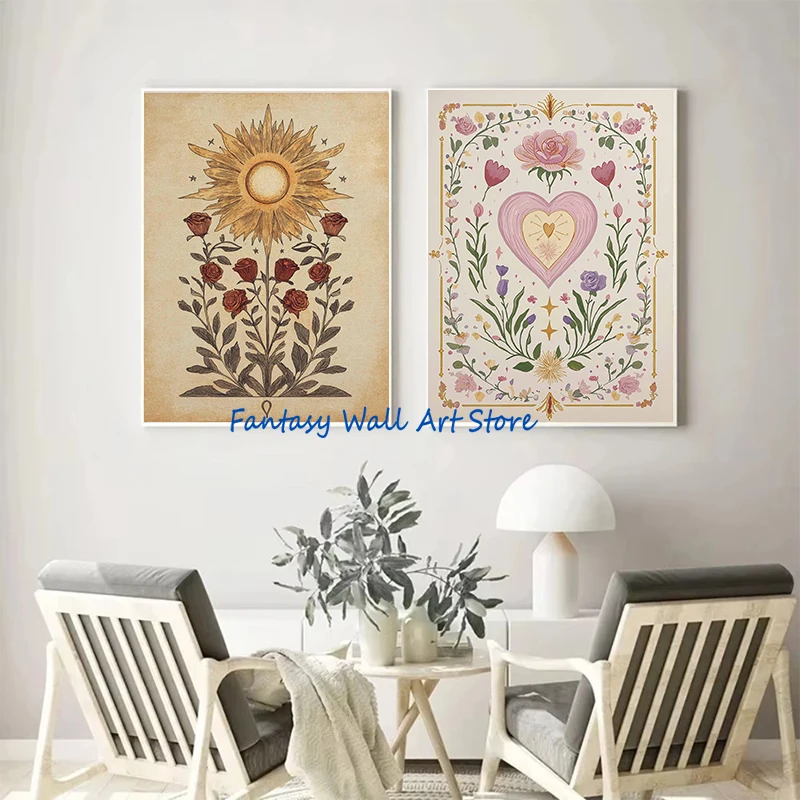 Sun and Rose Tarot Card Mystical Moth Celestial Whimsical Floral Heart Inspired Poster Canvas Painting Wall Pictures Home Decor