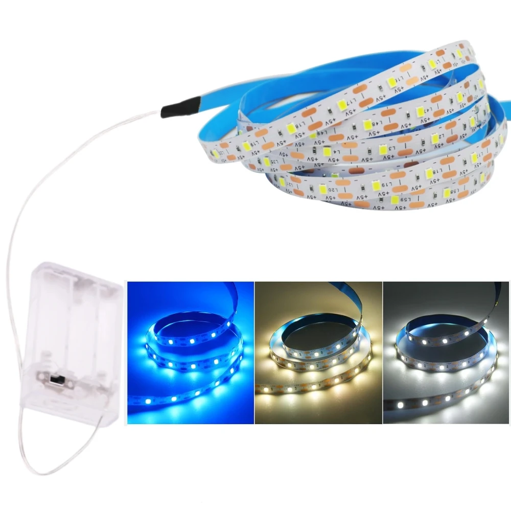 5V 2835 LED Lights Strip 8MM 60Leds/m LED Tape White Warm White Blue 3AA Battery Powered Flexible Ribbon Diode for Room Decor