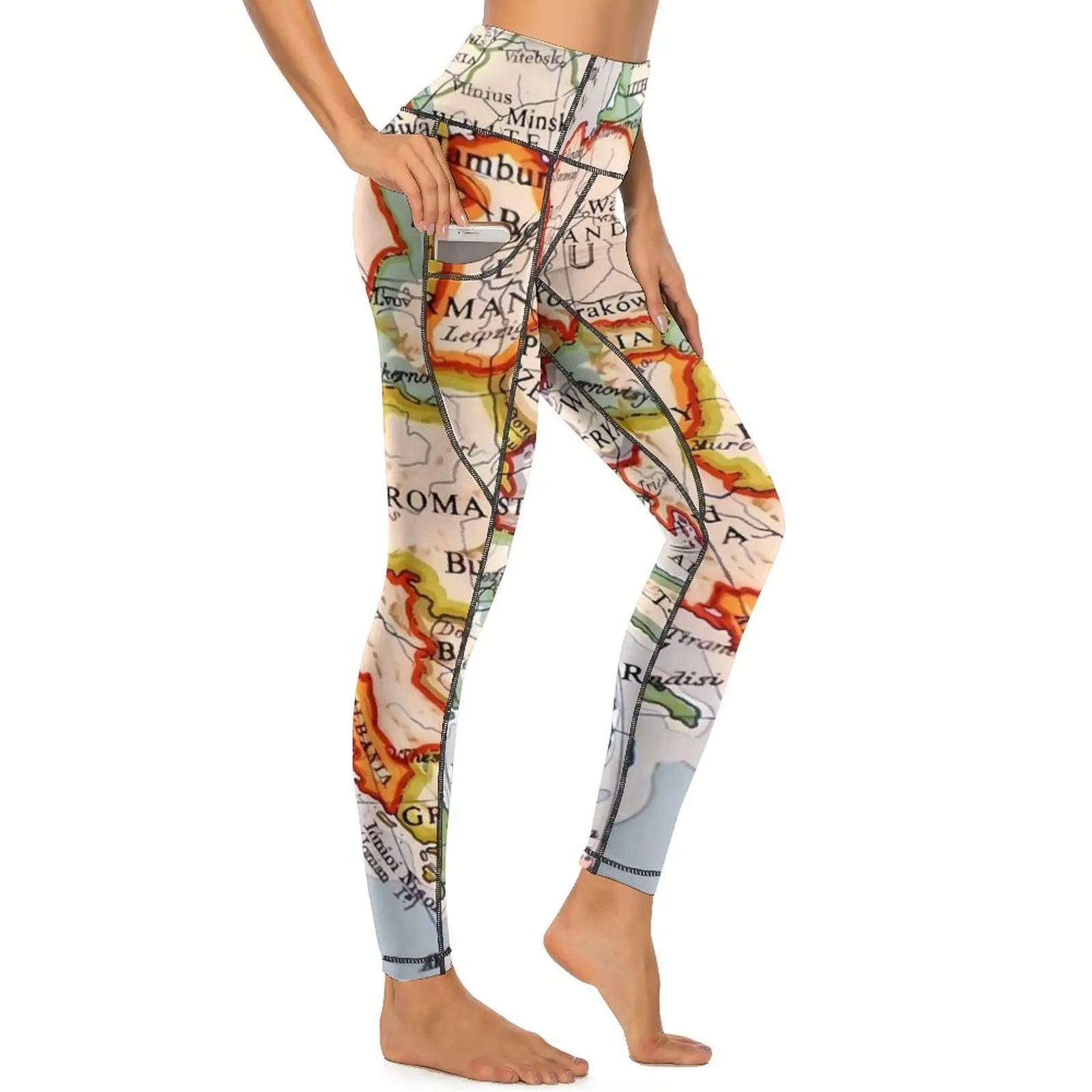 Map of Europe Yoga Pants Sexy Vintage Print Graphic Leggings High Waist Gym Leggins Women Funny Stretch Sports Tights