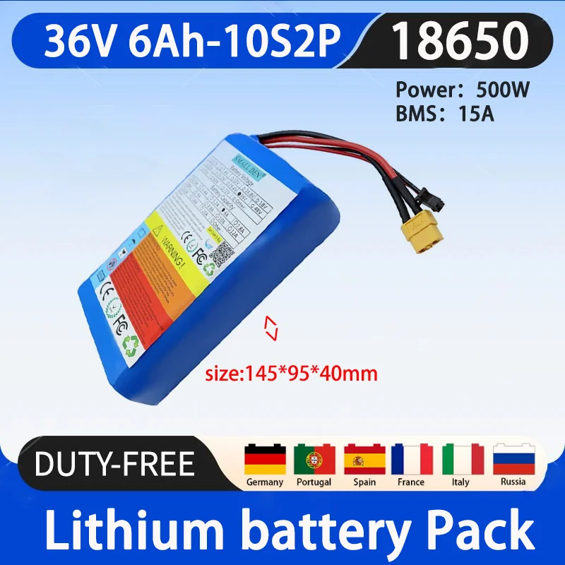 

New 36V 6Ah 18650 10S2P 5000W built-in BMS ultra-thin portable backup high-quality battery lithium-ion battery pack+2A charger