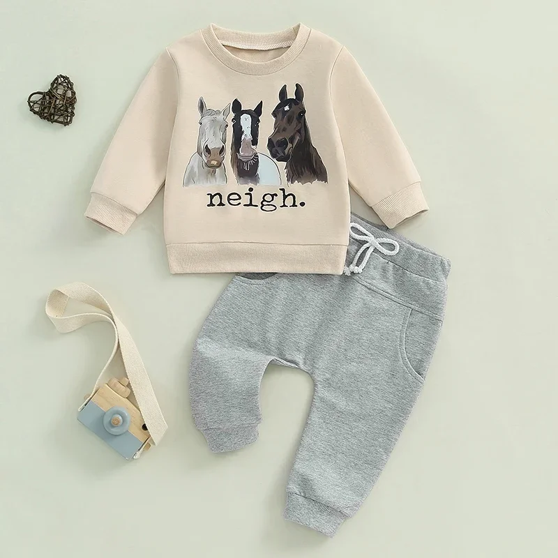 Kid Clothes Boys Letter Horse Head Print Sweatshirt Pants Sets Tracksuit Autumn Outfits Children's Clothing