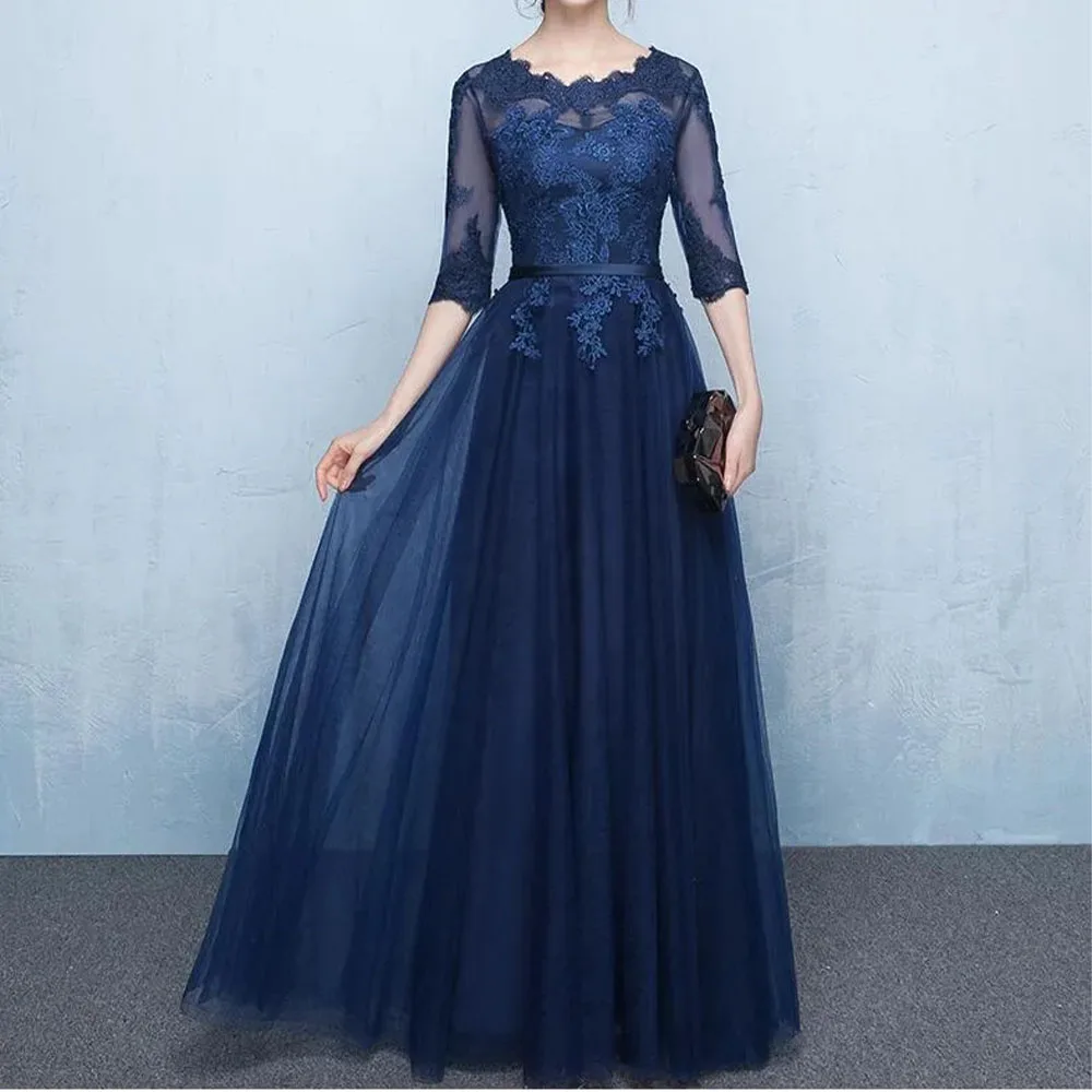 Robe de soirée mère de la mariée bleu marine, élégante, demi-manches transparentes avec appliques à lacets au dos, longueur au sol, bleu royal