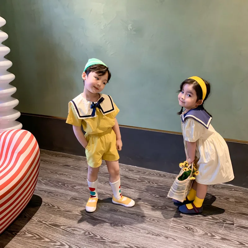 Children Clothing Suit 2024 Summer Korean Preppy Style Boys and Girls Lapel Dress Fashionable Casual Simple Kids Clothes Girls