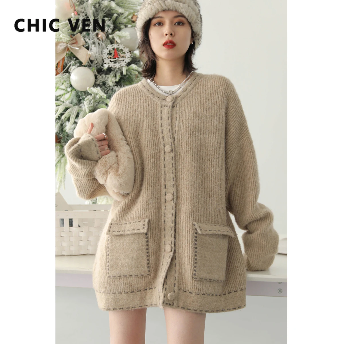 

CHIC VEN Women Cardigan Korean Loose Contrast Quilted Sweaters Fashion Knitted Coats Girl Knitwears Spring Autumn New 2025