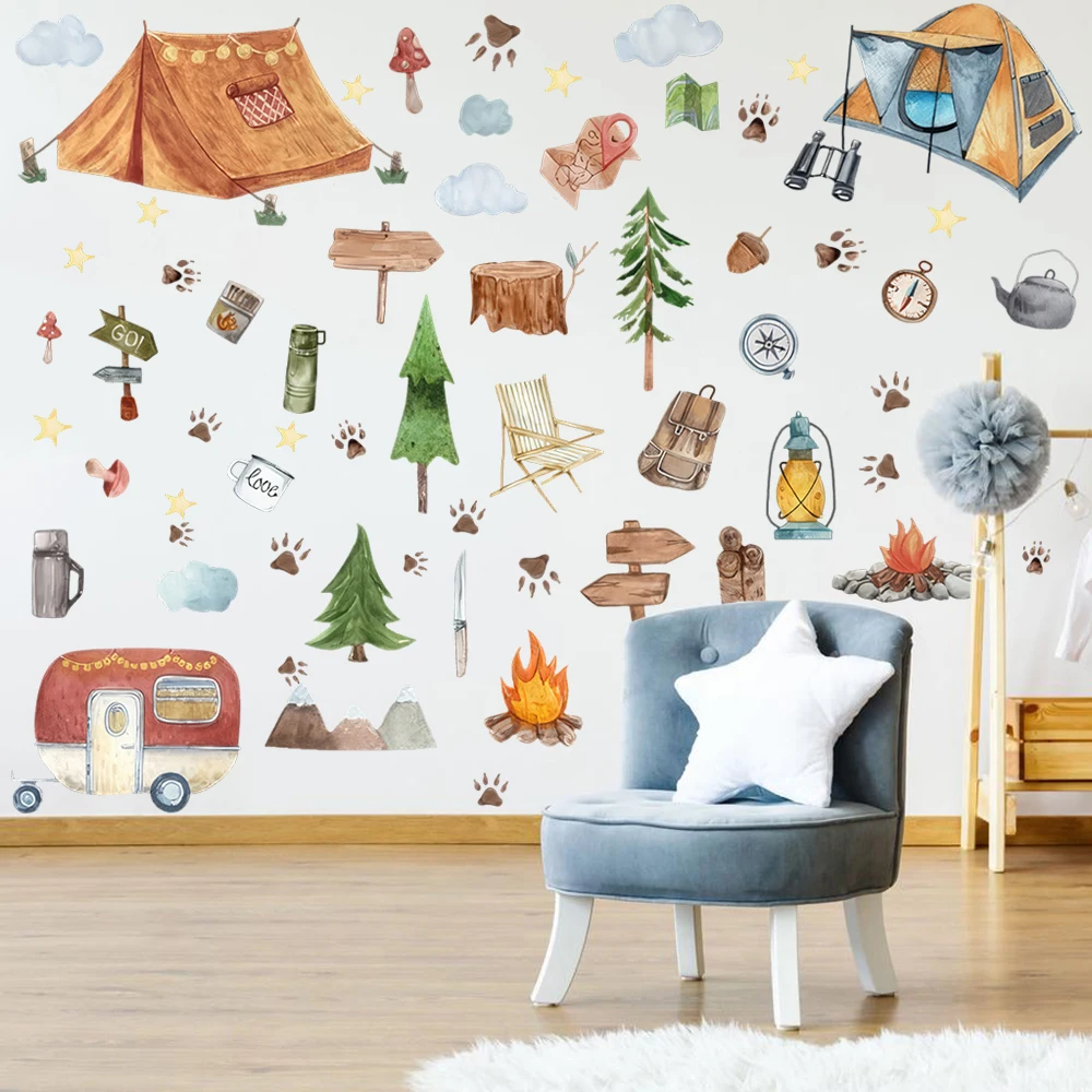 Camping Adventure Theme Wall Stickers Tent Camper Outdoor  RV Bonfire Camping  Wall Decals Bedroom Living Room Wall Decor