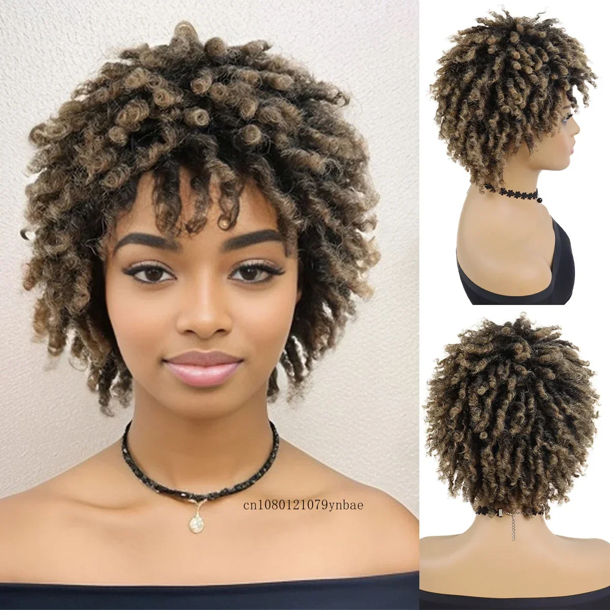 مزيج الاصطناعية شعر مستعار بني للنساء قصيرة الأفرو مجعد شعر مستعار مضفر مع الانفجارات الكروشيه تويست الشعر مقاومة للحرارة زي الحفلات اليومية