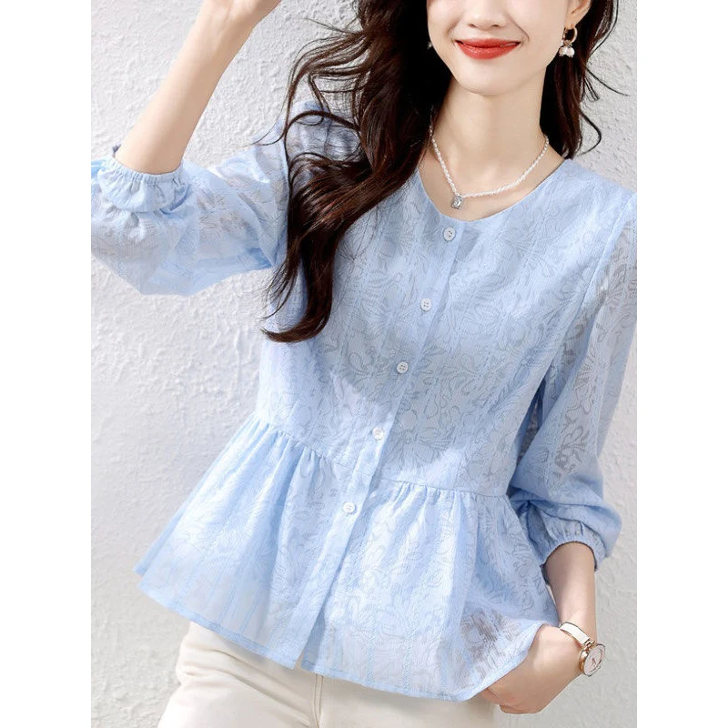 spring summer elegant fashion long sleeve shirt ladies temperament solid color all-match cardigan top women casual sweet blouse