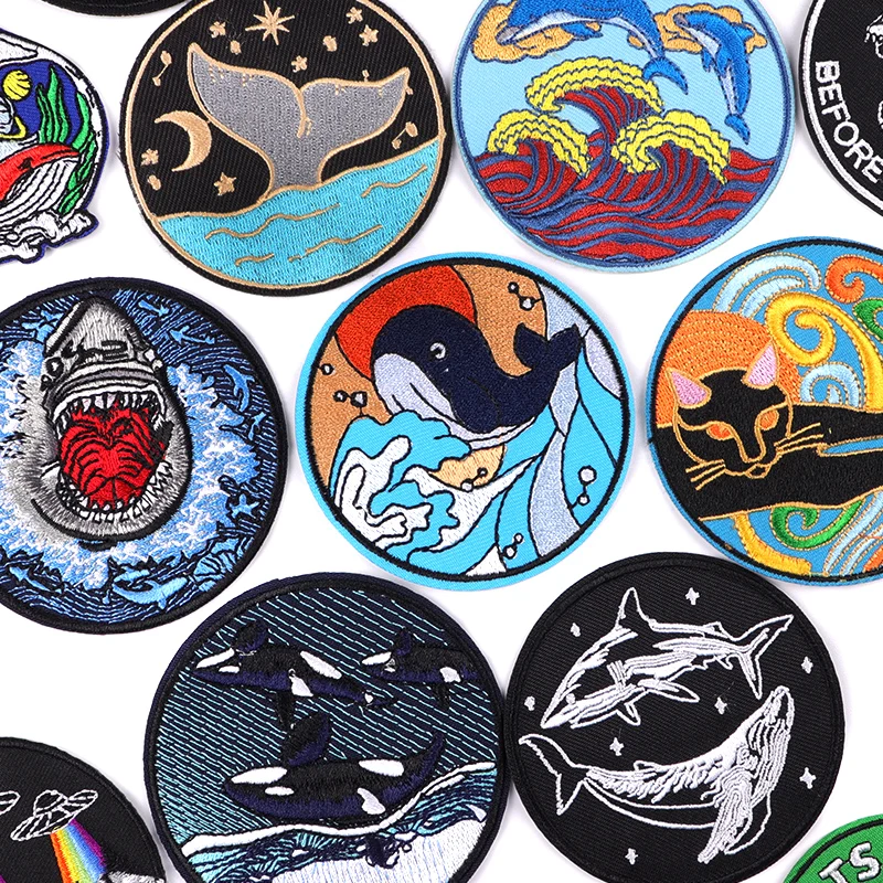 Van gogh Waves Patch Animal/Whale Embroidery Patch Iron On Patches For Clothing Thermoadhesive Patches On Clothes Sew Stickers