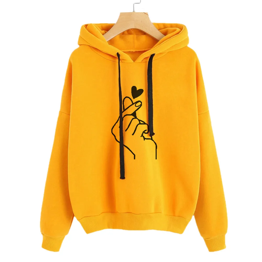 Korean Fashion Hoodie For Women Heart Finger Printed Harajuku Sweatshirts Hooded Pullover Tracksuit Teen Girls Sweatshirt Blouse