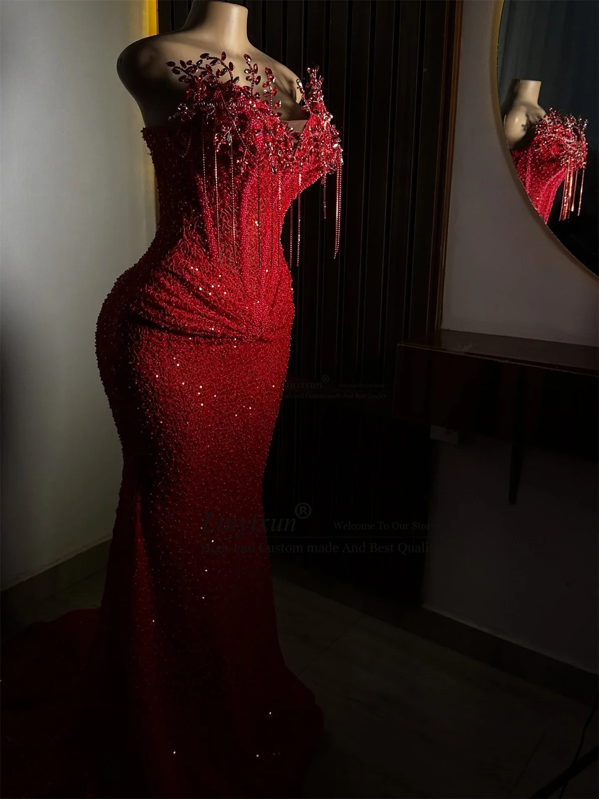 Vestido de fiesta de lujo con lentejuelas y cristales, vestido de noche estilo sirena Aso Ebi, vestido de gala personalizado para fiesta de boda para chicas africanas