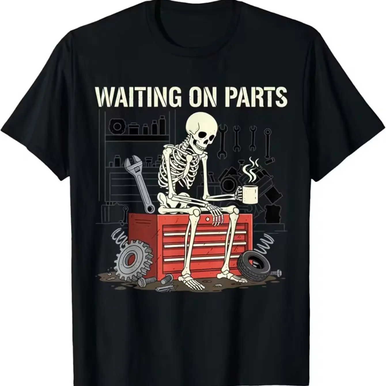 Men's Skeleton Waiting on Parts Print T-Shirt Mechanic Garage Tool Vintage Crew Neck Top