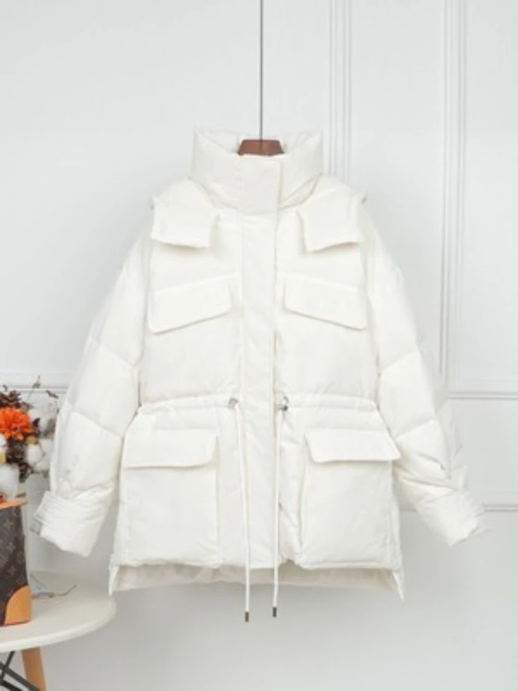 Fitaylor Autumn Winter Women White Duck Down Coat Female Hooded Stand Collar Drawstring Outwear Casual Loose Puffer Parka Jacket