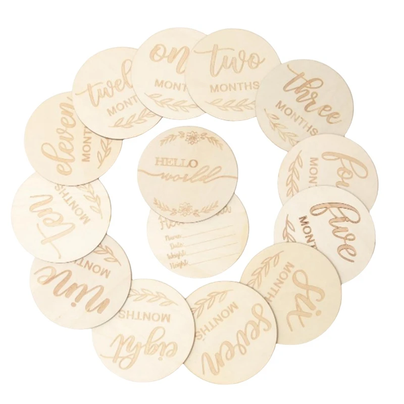 Wooden Milestone Cards And Discs 14Pc Set For Baby Photos And First Year Milestones ,English Durable Easy To Use