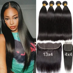 12A Bone Straight Human Hair Bundles With Frontal Closure 30 Inch Virgin Hair Weave Bundles With Closure Remy Hair Extensions