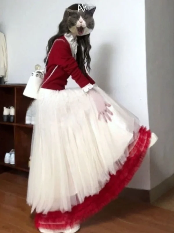 

Soft Style Knitted Sweater And Mesh Skirt Two-Piece Set Gentle Fashion Autumn Workwear Long Sleeve round Neck Warm And Slim Fit