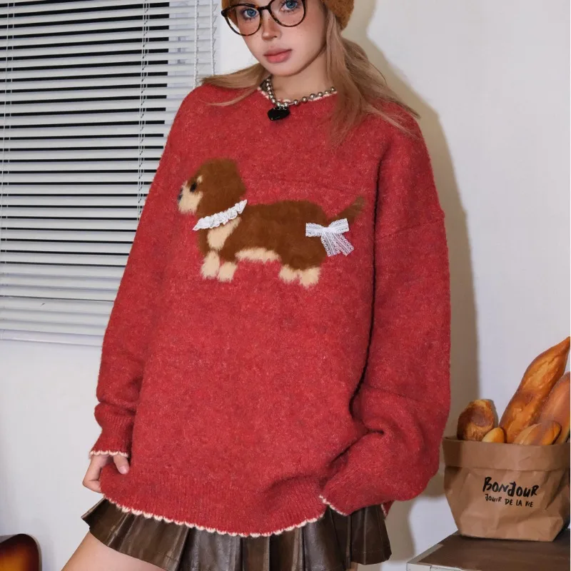 Pullovers Women Trendy Bow Lace Cartoon Chic All-match Korean Fashion Autumn Sweaters Knitted College Classic Cozy Gentle Ins