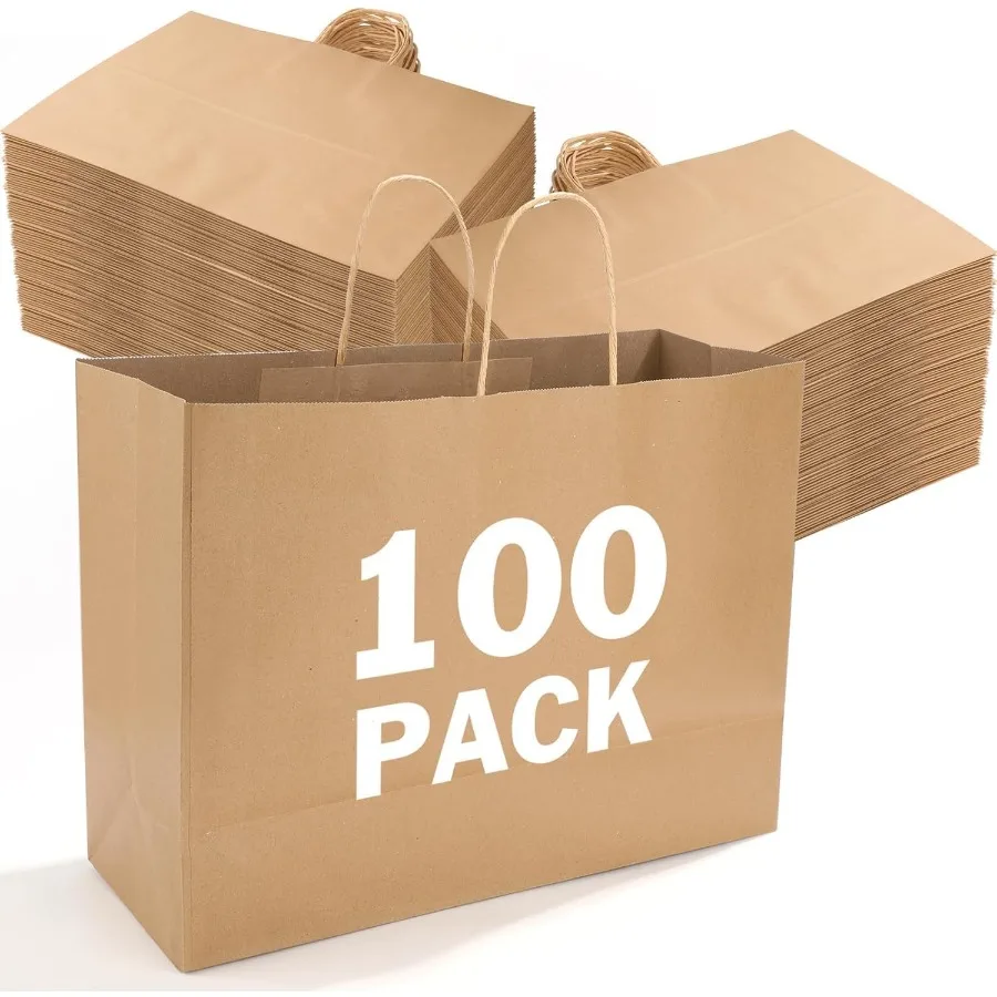 

100Pack Lar Paper ags wit andles 16x6x12 Inc rown Paper ag Kraft Sopping ags for usin Merce Wedding Party Favor