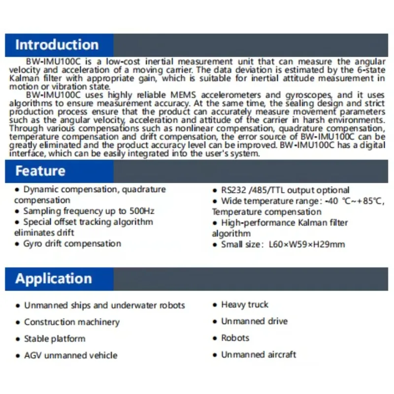 MAF BWSENSING IMU MEMS Sensor IMU100c  Digital Output RS232 /485/TTL optional Tilt Angle Sensor