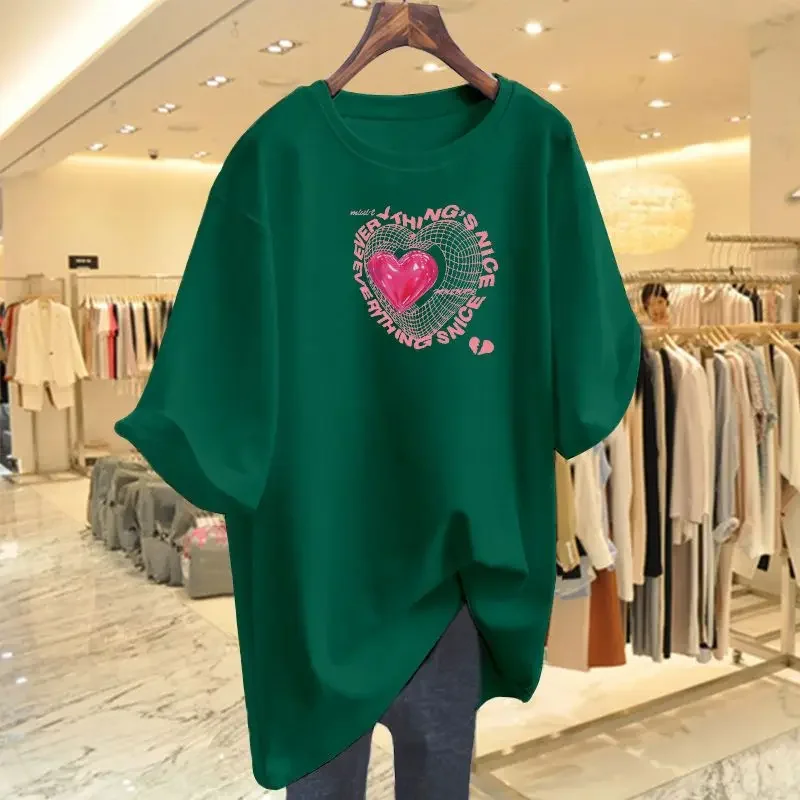 Women Fashion Love Printed Basics Tee Shirt Summer Short Sleeve Pure Cotton Casual Crew Neck Pullover Lady Top Tee