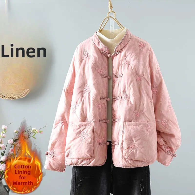 Retro chinesische Sle bestickte Baumwolle Jaet Damen warme Oberbekleidung Stehkragen geknöpft Baumwollmantel Herbst Winter