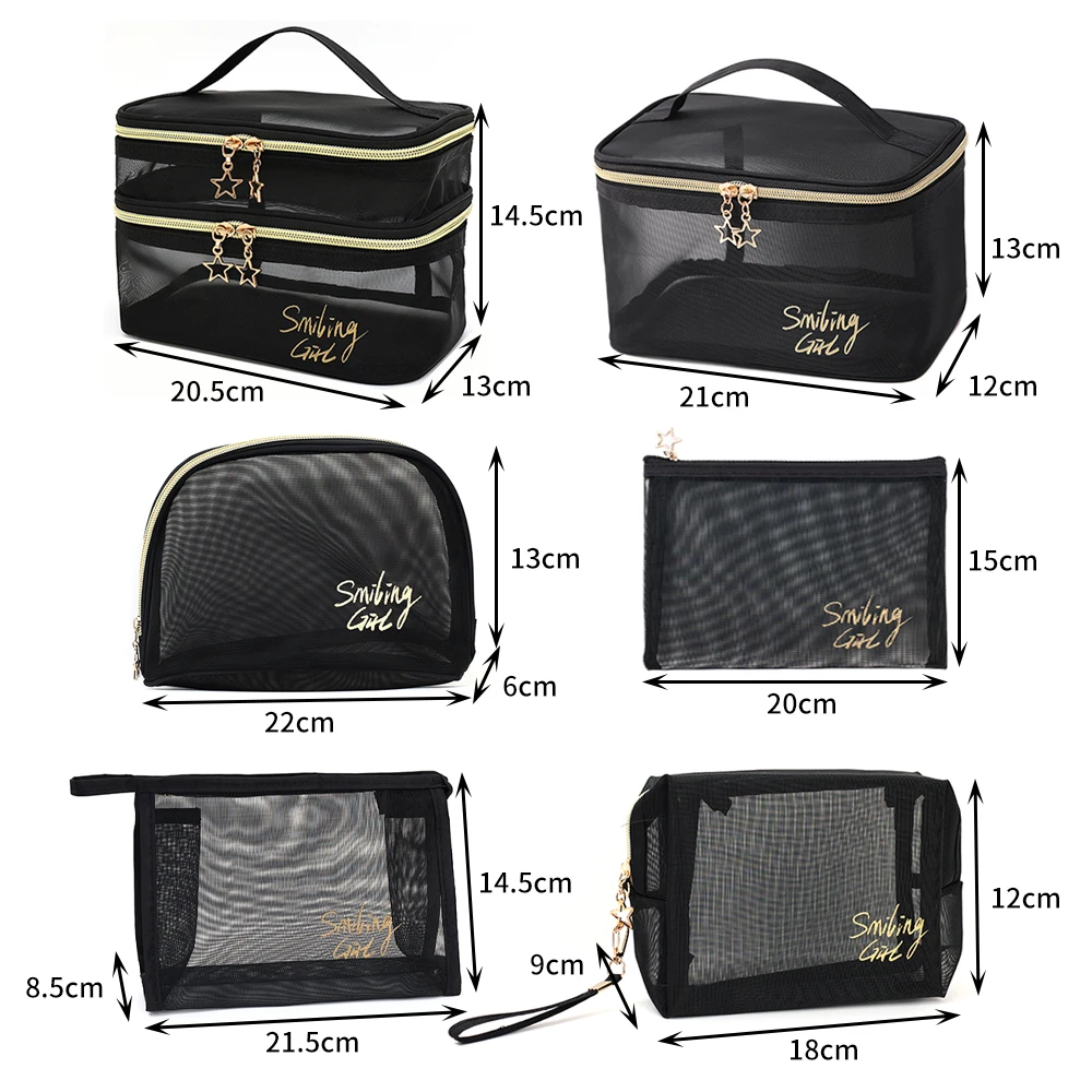 Double-layers Black Mesh Cosmetic Bag Travel Portable Large-Capacity Makeup Case Organizer Storage Pouch Zipper Toiletry Bags